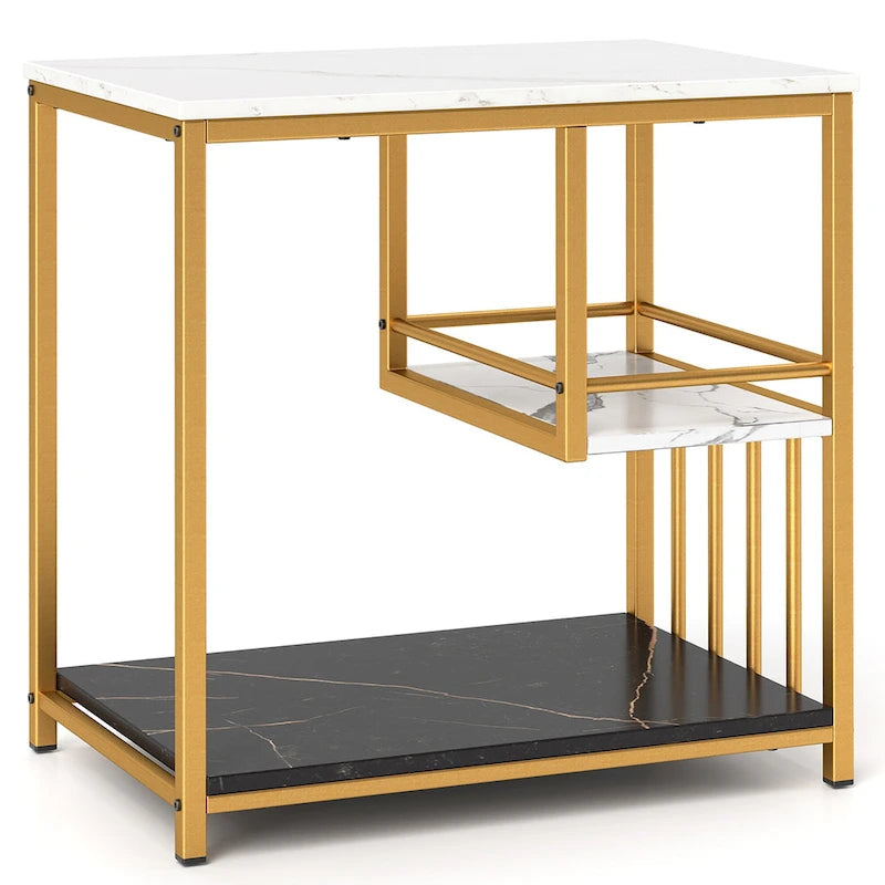 Gymax End Table 3-Tier Faux Marble Side Table w/ Storage Shelves