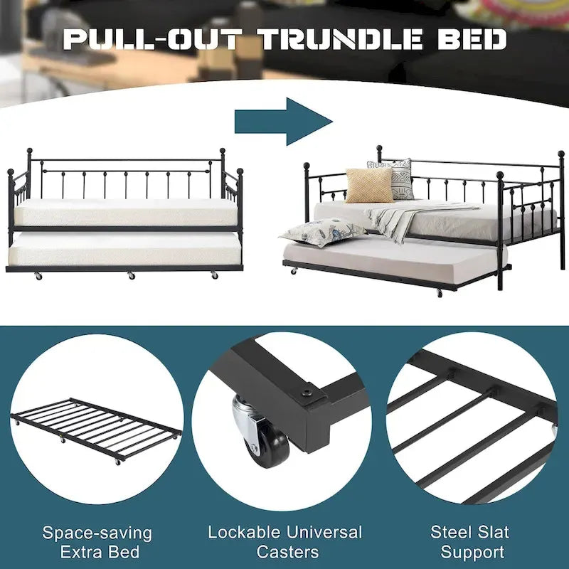 VECELO Classic Open Frame Metal Daybed with Trundle,Twin Size