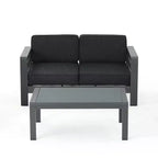 GDFStudio Liam Outdoor Aluminum Loveseat and Coffee Table Set with Cushions, Gray/Dark Gray