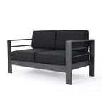 GDFStudio Liam Outdoor Aluminum Loveseat and Coffee Table Set with Cushions, Gray/Dark Gray