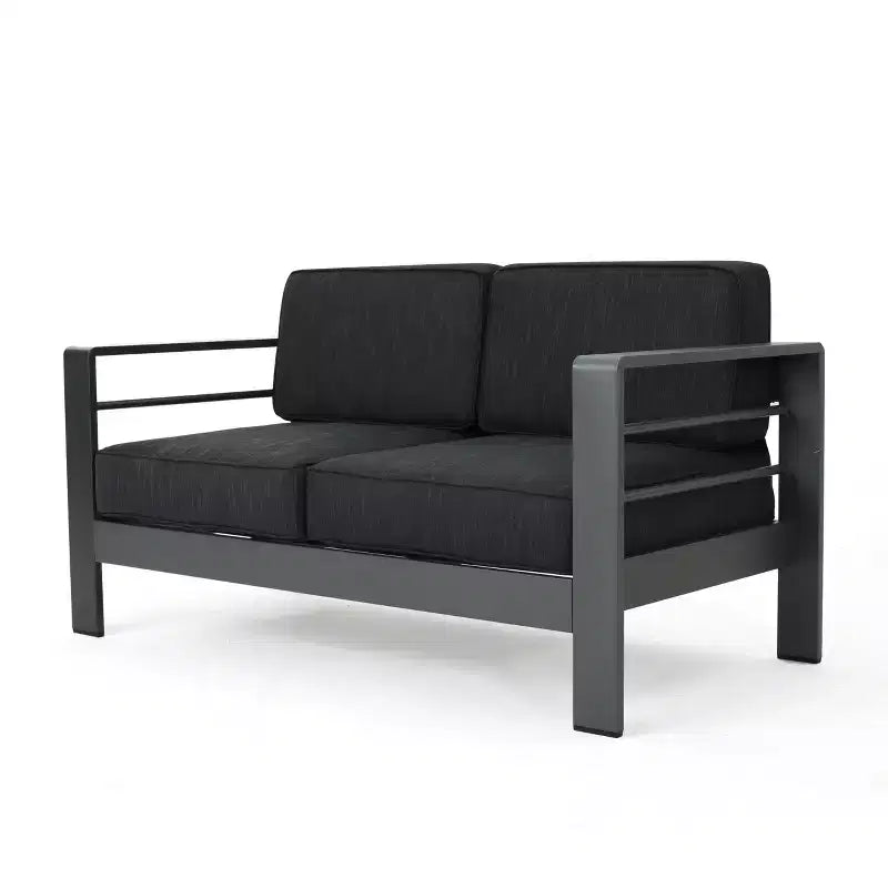 GDFStudio Liam Outdoor Aluminum Loveseat and Coffee Table Set with Cushions, Gray/Dark Gray