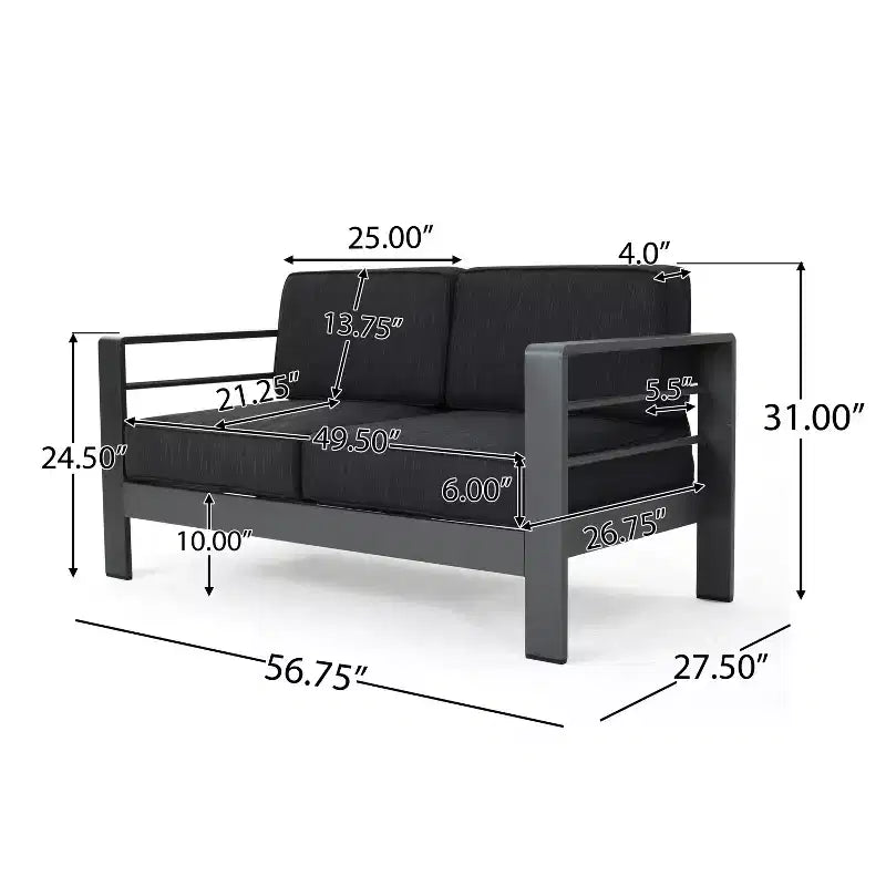 GDFStudio Liam Outdoor Aluminum Loveseat and Coffee Table Set with Cushions, Gray/Dark Gray