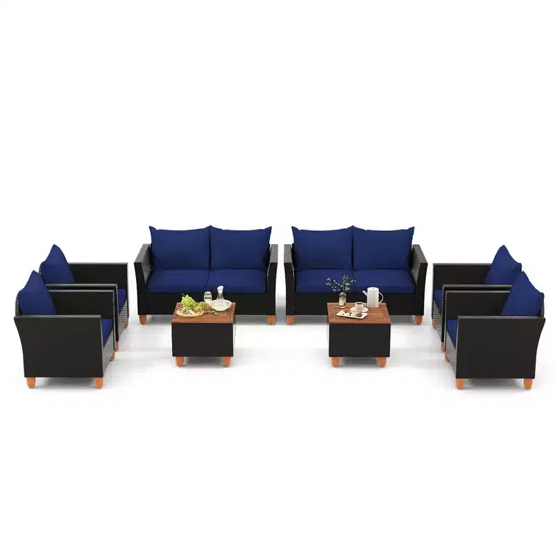 Costway Ensemble de Meubles de Jardin en Rotin 8 Pièces avec Coussins Amovibles Table Basse de Rangement Bleu Marine/Gris