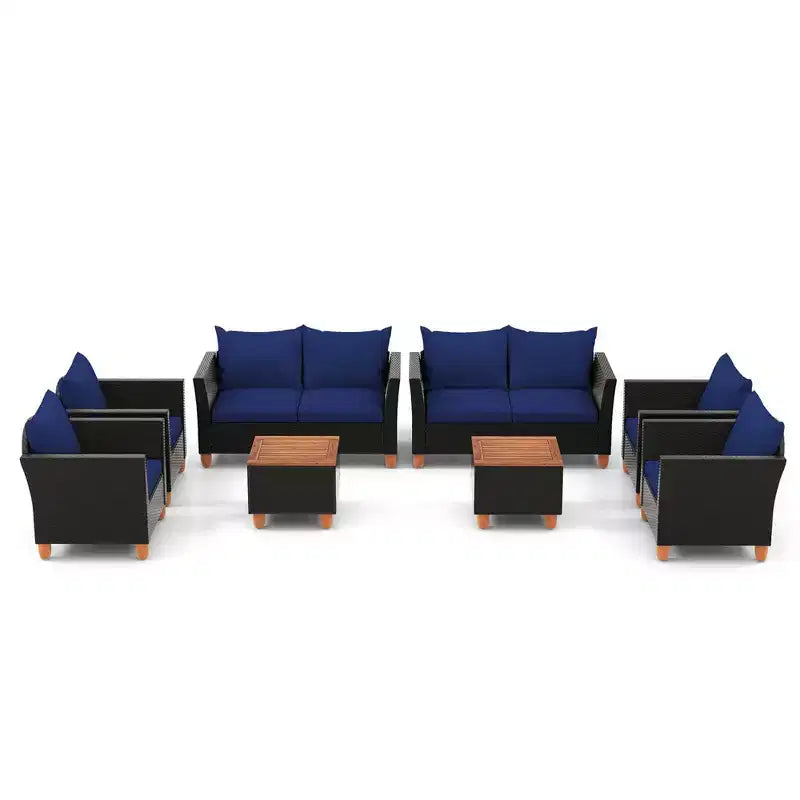 Costway Ensemble de Meubles de Jardin en Rotin 8 Pièces avec Coussins Amovibles Table Basse de Rangement Bleu Marine/Gris