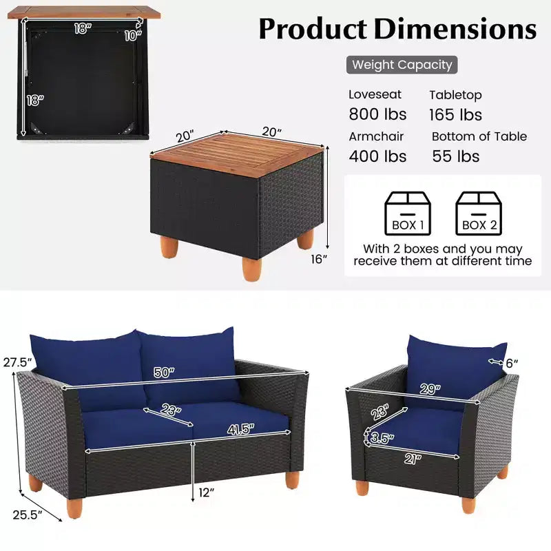 Costway Ensemble de Meubles de Jardin en Rotin 8 Pièces avec Coussins Amovibles Table Basse de Rangement Bleu Marine/Gris