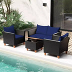Costway Ensemble de Meubles de Jardin en Rotin 8 Pièces avec Coussins Amovibles Table Basse de Rangement Bleu Marine/Gris