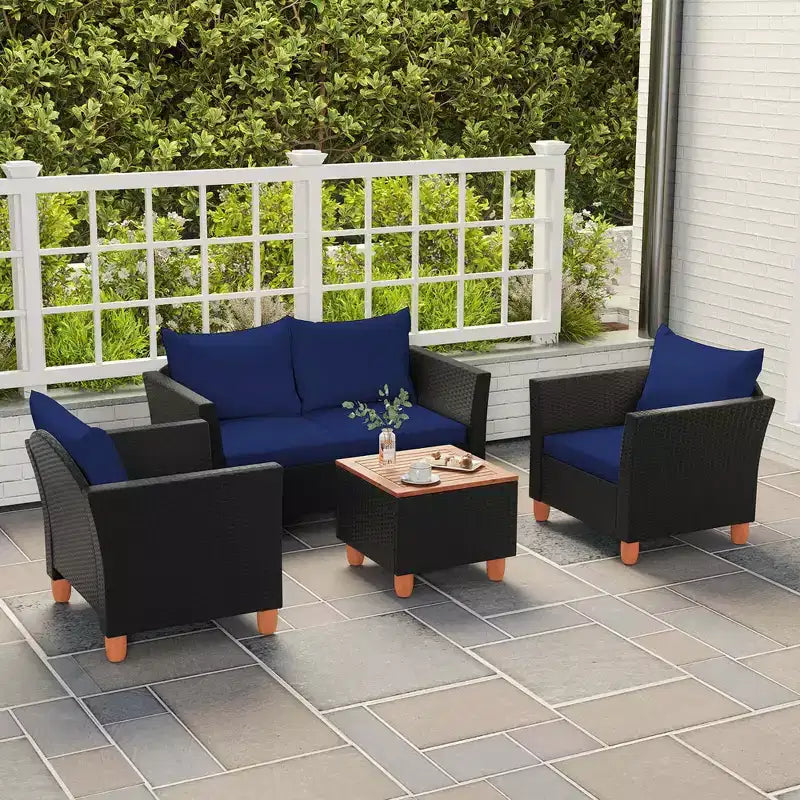 Costway Ensemble de Meubles de Jardin en Rotin 8 Pièces avec Coussins Amovibles Table Basse de Rangement Bleu Marine/Gris