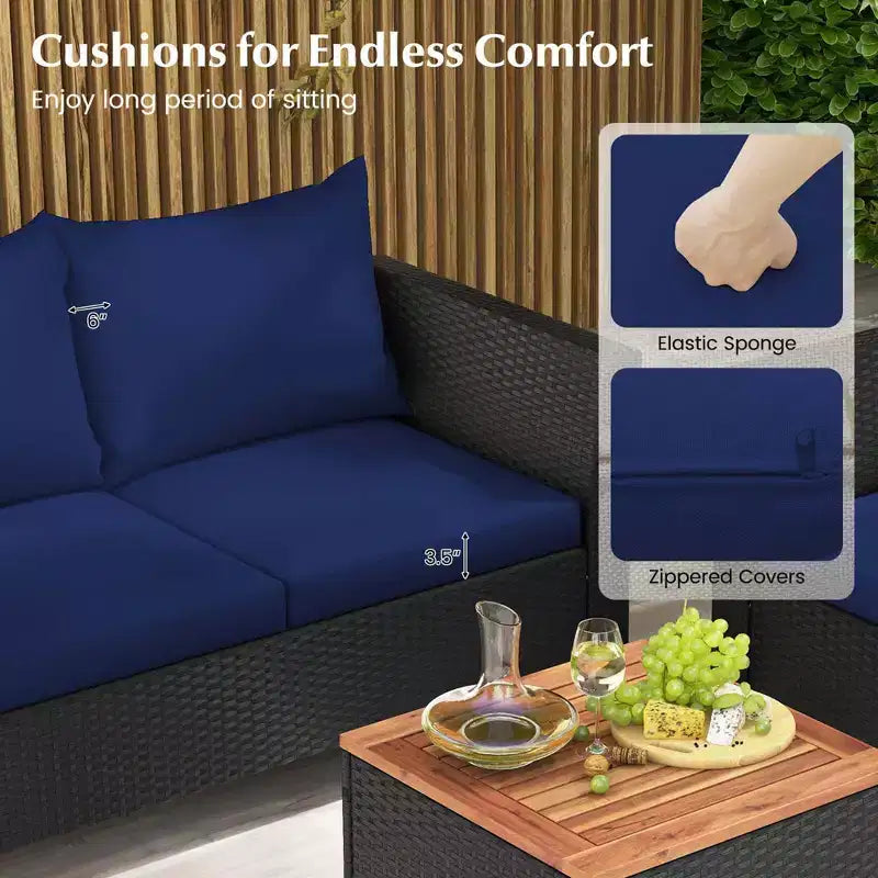 Costway Ensemble de Meubles de Jardin en Rotin 8 Pièces avec Coussins Amovibles Table Basse de Rangement Bleu Marine/Gris
