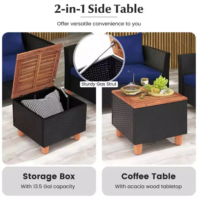 Costway Ensemble de Meubles de Jardin en Rotin 8 Pièces avec Coussins Amovibles Table Basse de Rangement Bleu Marine/Gris