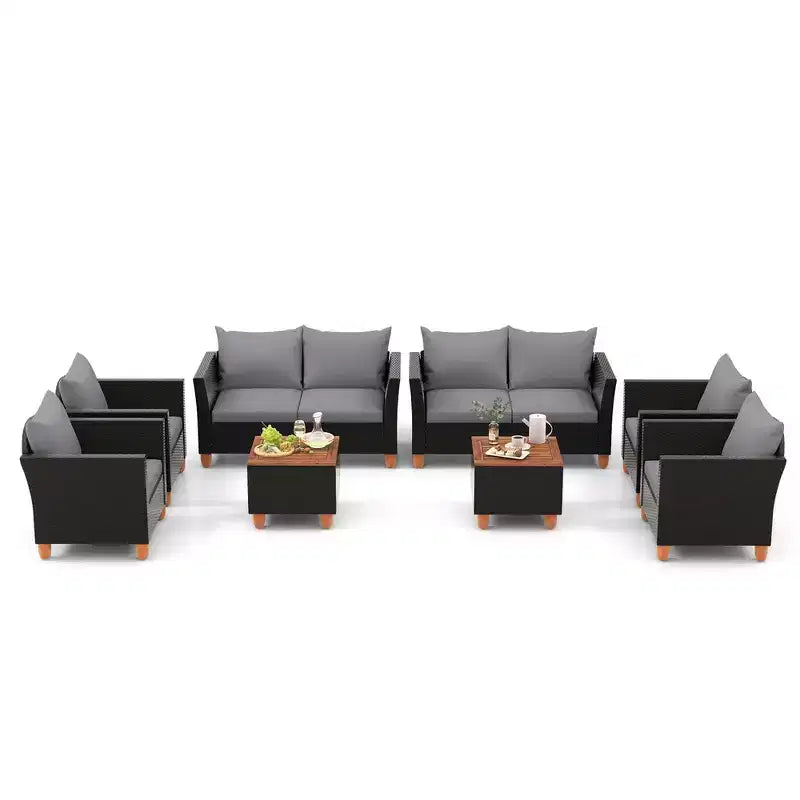 Costway Ensemble de Meubles de Jardin en Rotin 8 Pièces avec Coussins Amovibles Table Basse de Rangement Bleu Marine/Gris