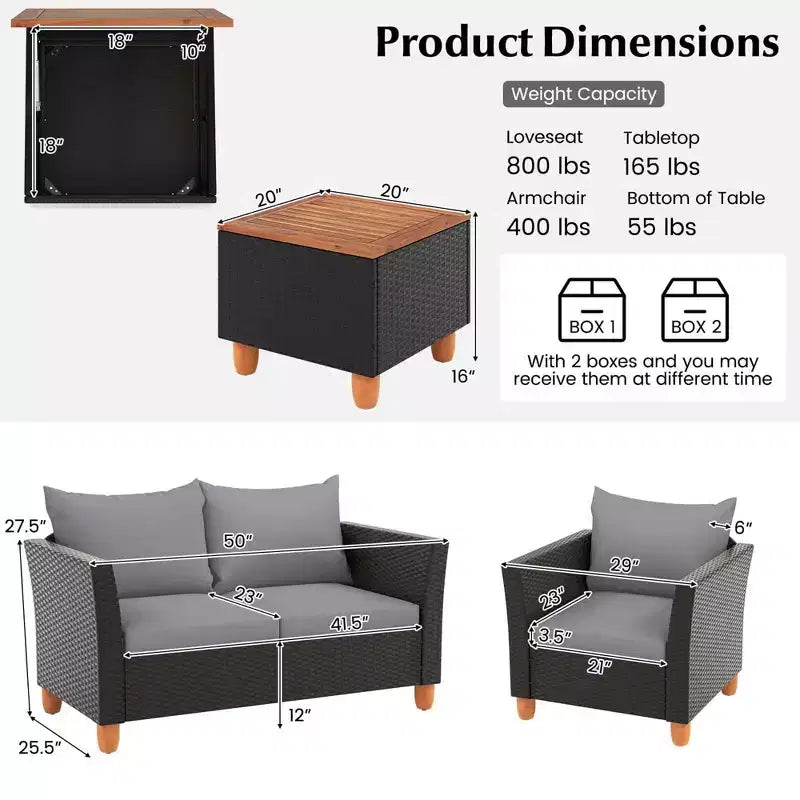 Costway Ensemble de Meubles de Jardin en Rotin 8 Pièces avec Coussins Amovibles Table Basse de Rangement Bleu Marine/Gris