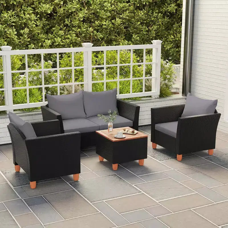 Costway Ensemble de Meubles de Jardin en Rotin 8 Pièces avec Coussins Amovibles Table Basse de Rangement Bleu Marine/Gris
