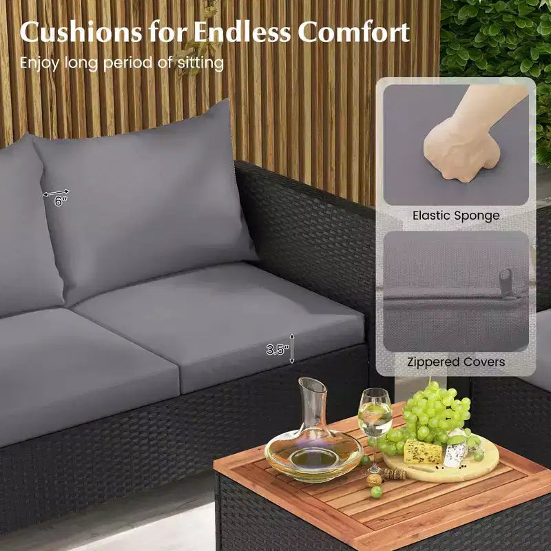 Costway Ensemble de Meubles de Jardin en Rotin 8 Pièces avec Coussins Amovibles Table Basse de Rangement Bleu Marine/Gris