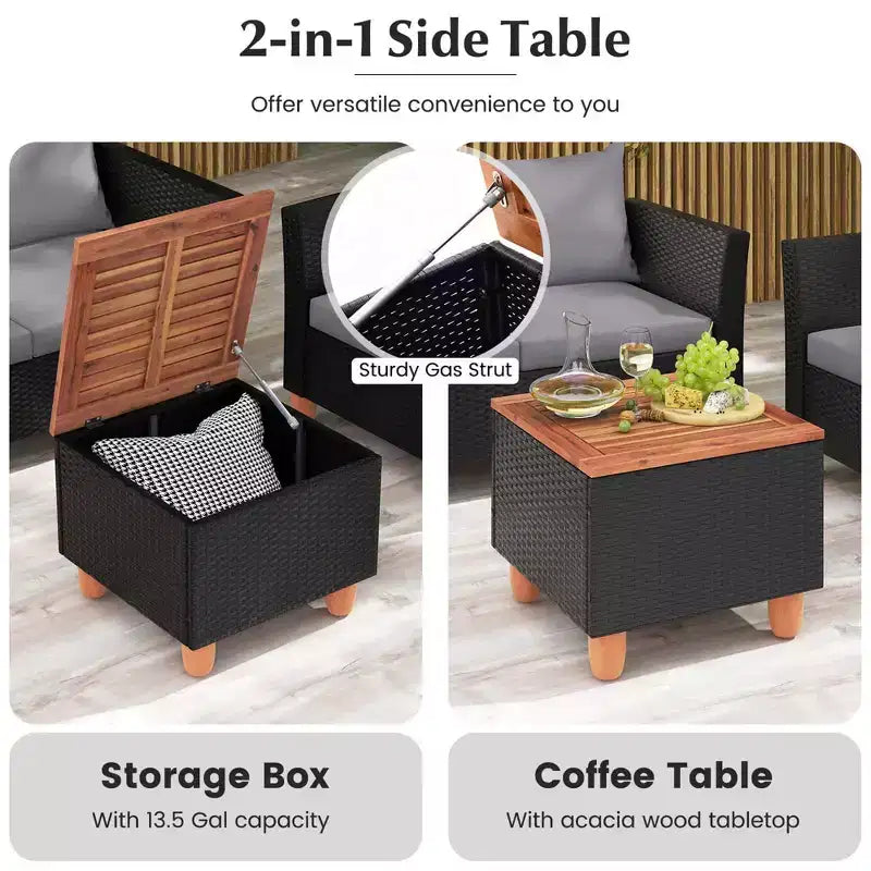 Costway Ensemble de Meubles de Jardin en Rotin 8 Pièces avec Coussins Amovibles Table Basse de Rangement Bleu Marine/Gris