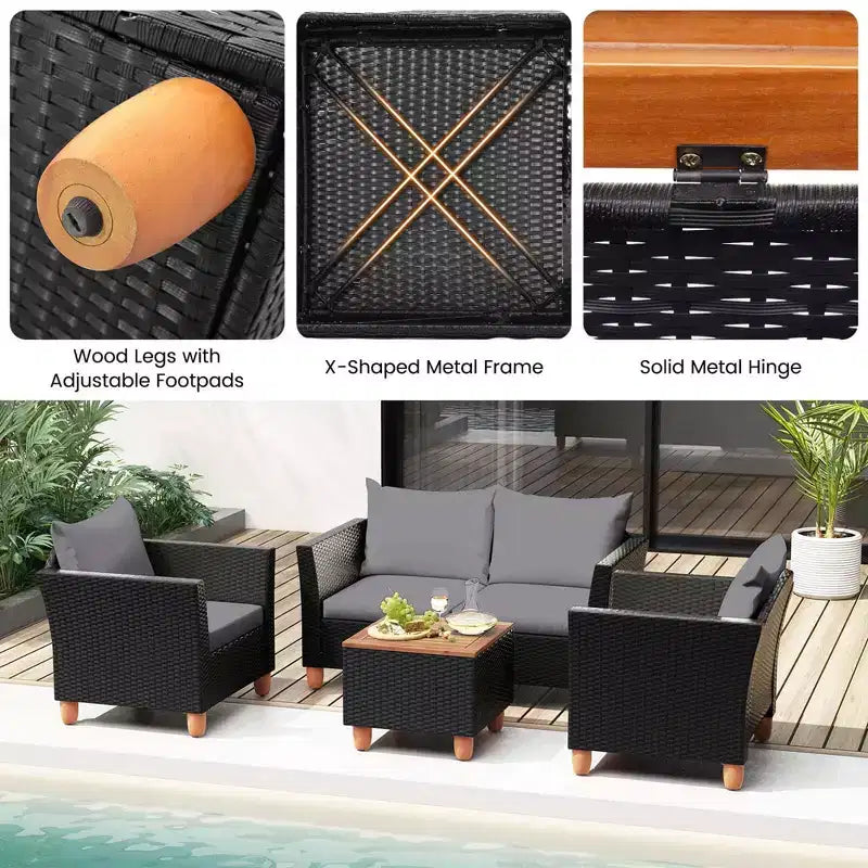 Costway Ensemble de Meubles de Jardin en Rotin 8 Pièces avec Coussins Amovibles Table Basse de Rangement Bleu Marine/Gris