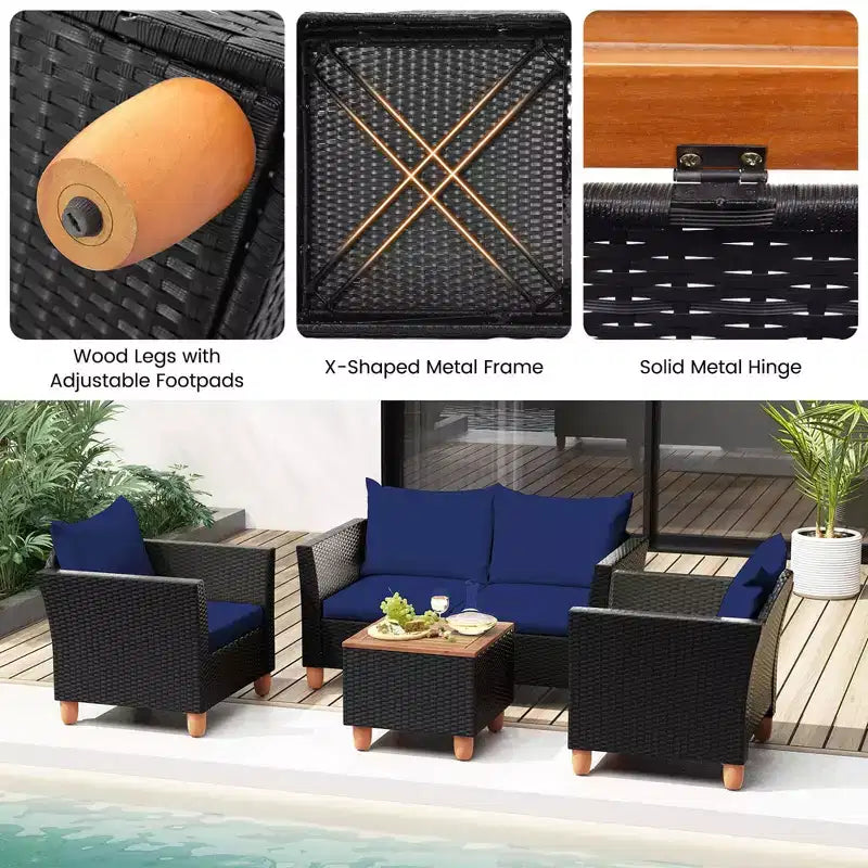 Costway Ensemble de Meubles de Jardin en Rotin 8 Pièces avec Coussins Amovibles Table Basse de Rangement Bleu Marine/Gris