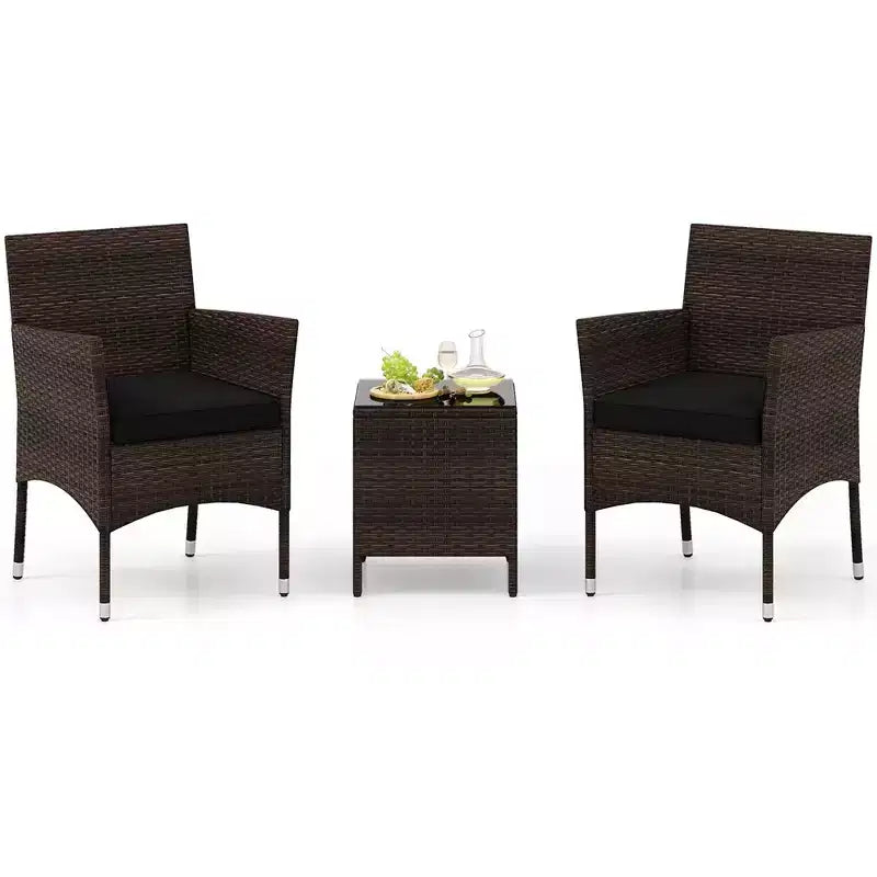 Costway 3 PCS Outdoor Conversation Set with Cushioned Seat & Tempered Glass Tabletop Beige/Black/Gray/Red/Navy