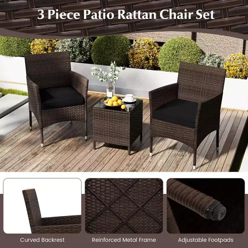 Costway 3 PCS Outdoor Conversation Set with Cushioned Seat & Tempered Glass Tabletop Beige/Black/Gray/Red/Navy