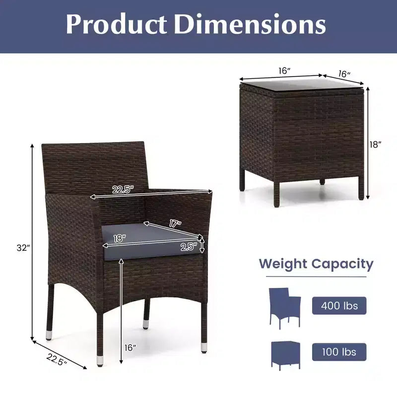 Costway 3 PCS Outdoor Conversation Set with Cushioned Seat & Tempered Glass Tabletop Beige/Black/Gray/Red/Navy