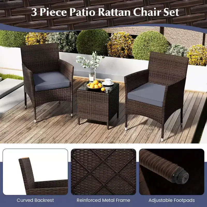 Costway 3 PCS Outdoor Conversation Set with Cushioned Seat & Tempered Glass Tabletop Beige/Black/Gray/Red/Navy