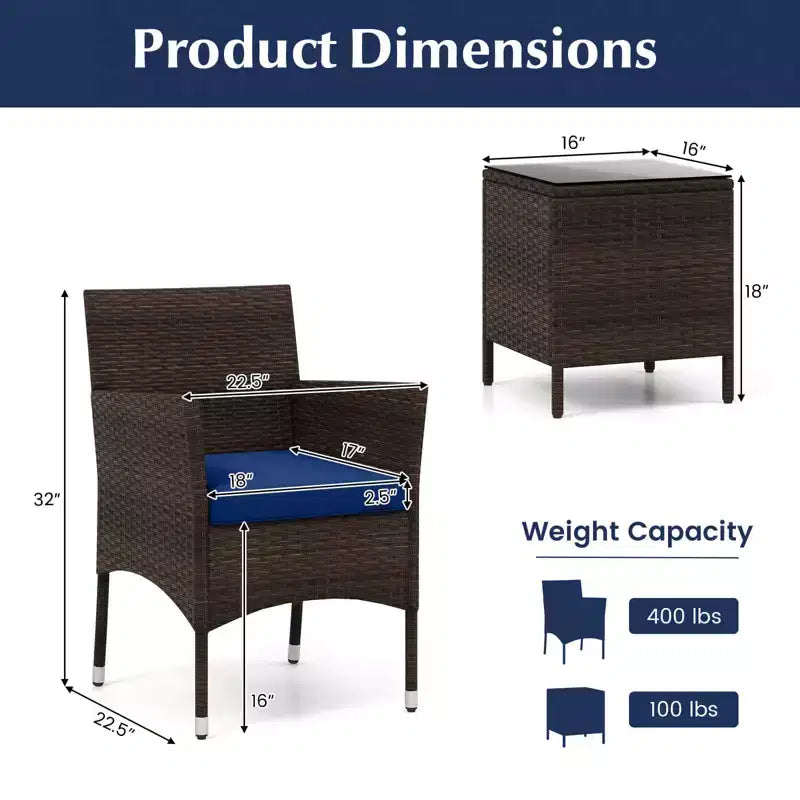 Costway 3 PCS Outdoor Conversation Set with Cushioned Seat & Tempered Glass Tabletop Beige/Black/Gray/Red/Navy