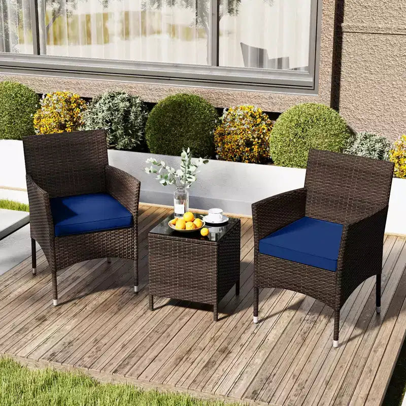 Costway 3 PCS Outdoor Conversation Set with Cushioned Seat & Tempered Glass Tabletop Beige/Black/Gray/Red/Navy