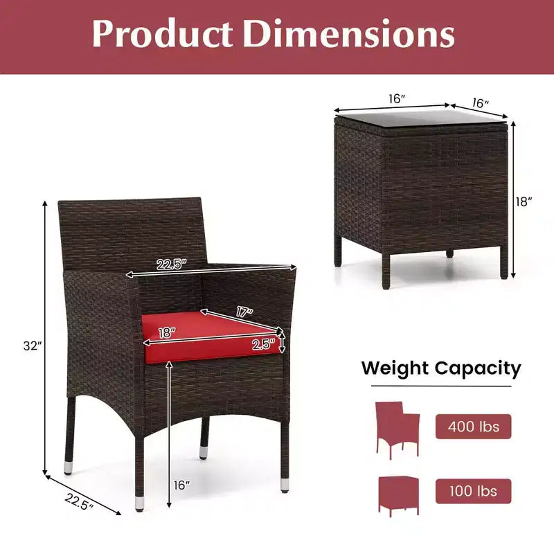 Costway 3 PCS Outdoor Conversation Set with Cushioned Seat & Tempered Glass Tabletop Beige/Black/Gray/Red/Navy