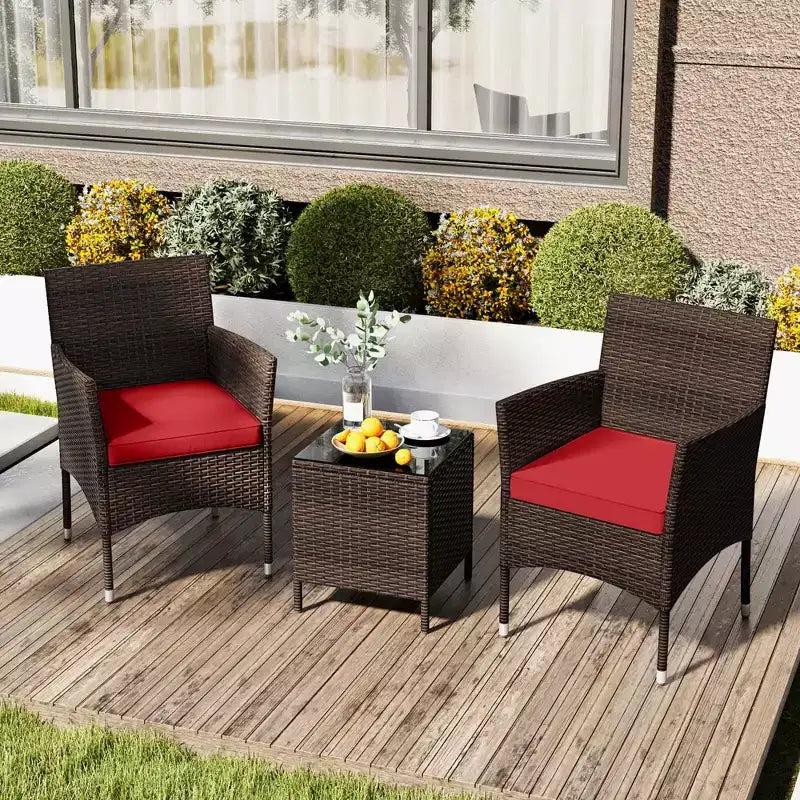 Costway 3 PCS Outdoor Conversation Set with Cushioned Seat & Tempered Glass Tabletop Beige/Black/Gray/Red/Navy