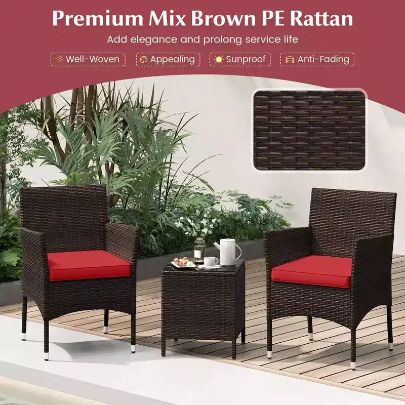 Costway 3 PCS Outdoor Conversation Set with Cushioned Seat & Tempered Glass Tabletop Beige/Black/Gray/Red/Navy