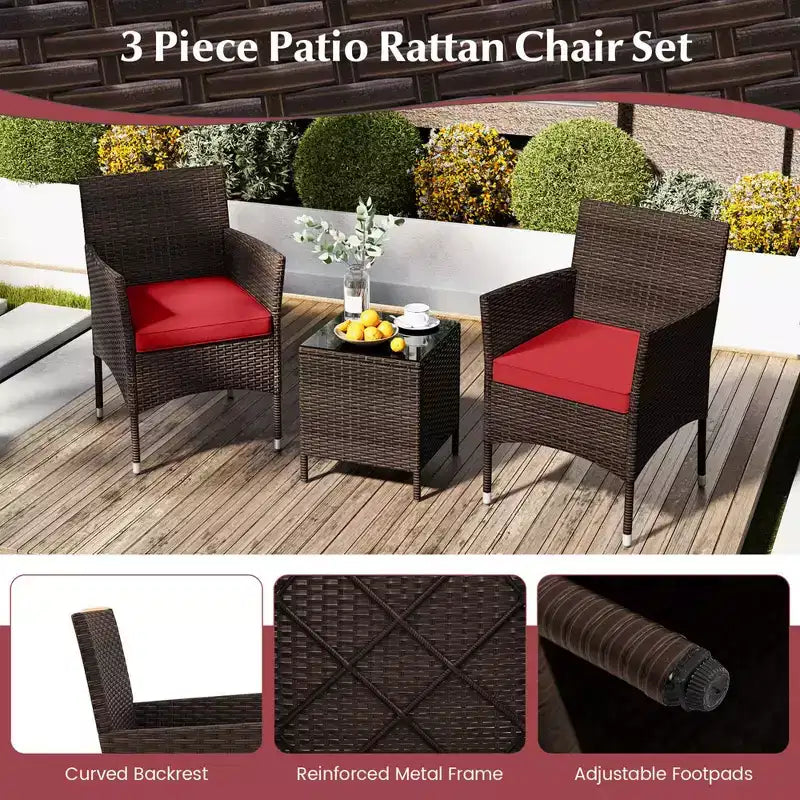 Costway 3 PCS Outdoor Conversation Set with Cushioned Seat & Tempered Glass Tabletop Beige/Black/Gray/Red/Navy