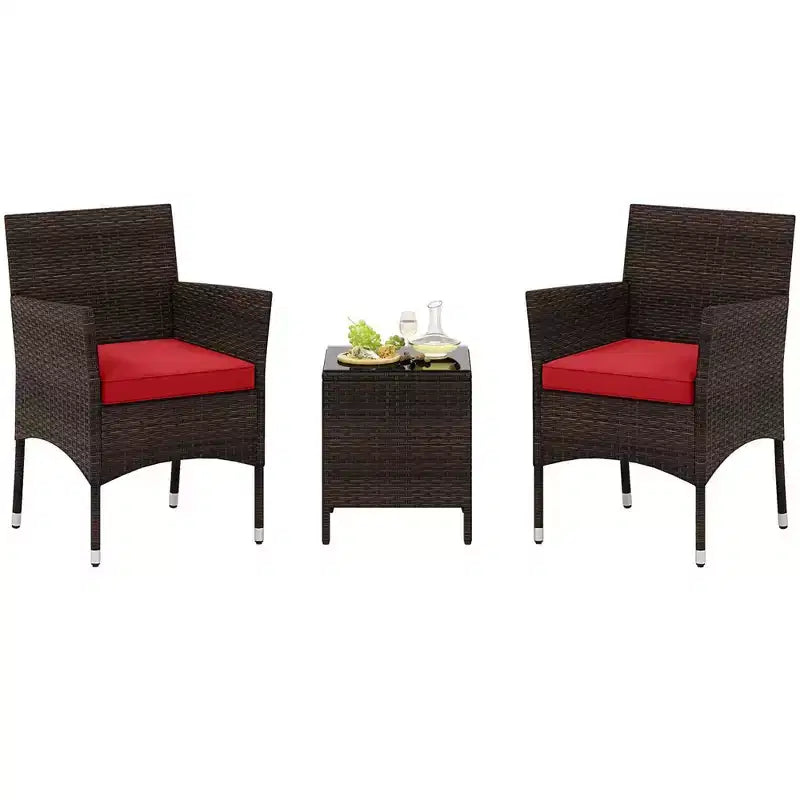 Costway 3 PCS Outdoor Conversation Set with Cushioned Seat & Tempered Glass Tabletop Beige/Black/Gray/Red/Navy