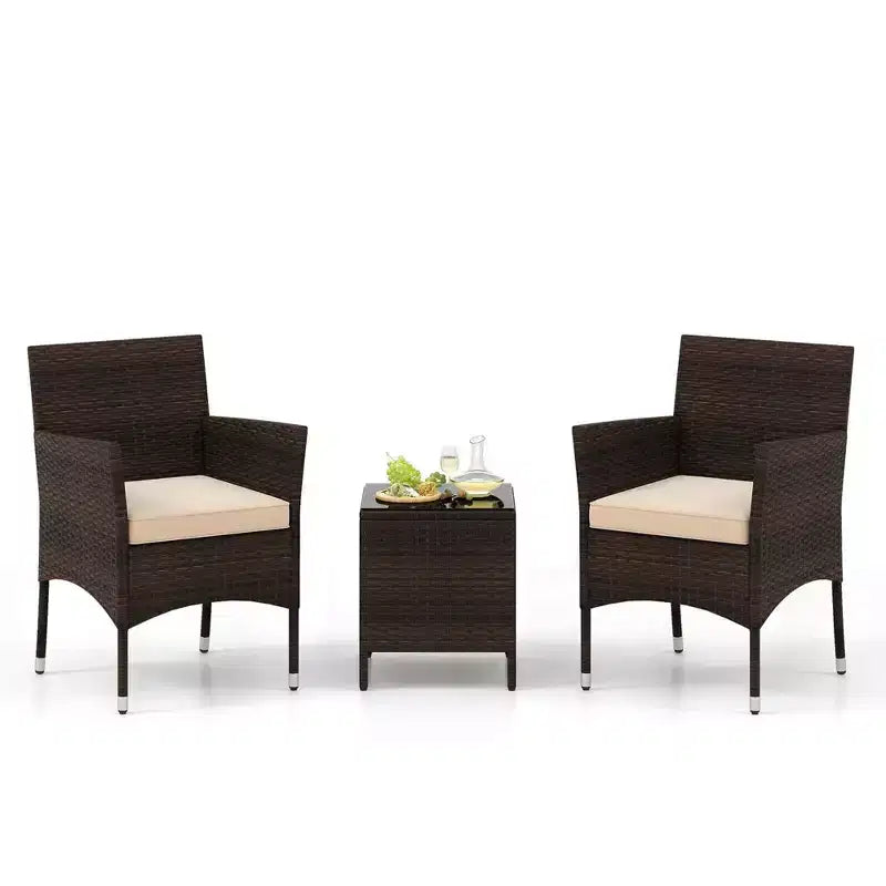 Costway 3 PCS Outdoor Conversation Set with Cushioned Seat & Tempered Glass Tabletop Beige/Black/Gray/Red/Navy