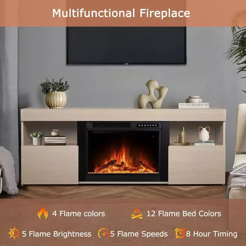 R.W.FLAME 59 Fireplace Tv Stand Mantel Wood Surround Firebox Freestanding, Infrared Quartz Heater Adjustable Led Flame, Remote Control