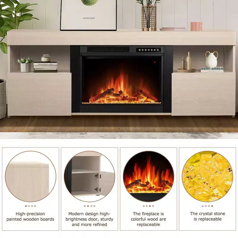 R.W.FLAME 59 Fireplace Tv Stand Mantel Wood Surround Firebox Freestanding, Infrared Quartz Heater Adjustable Led Flame, Remote Control