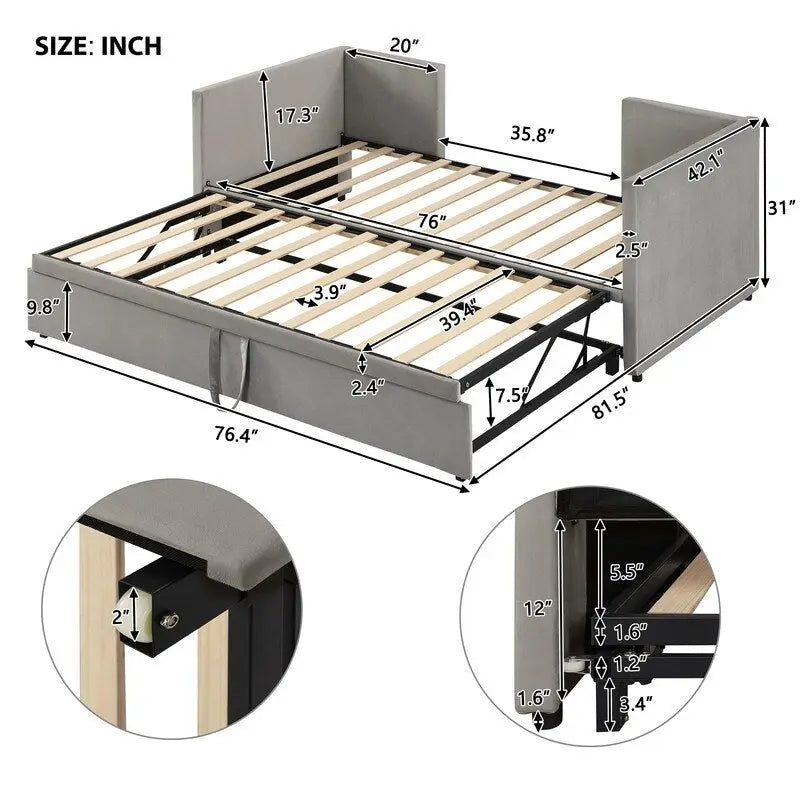 Lit de repos rembourré de taille double avec lit gigogne extensible