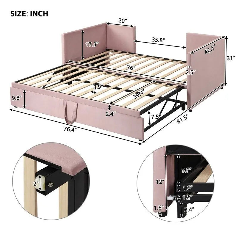 Lit de repos rembourré de taille double avec lit gigogne extensible