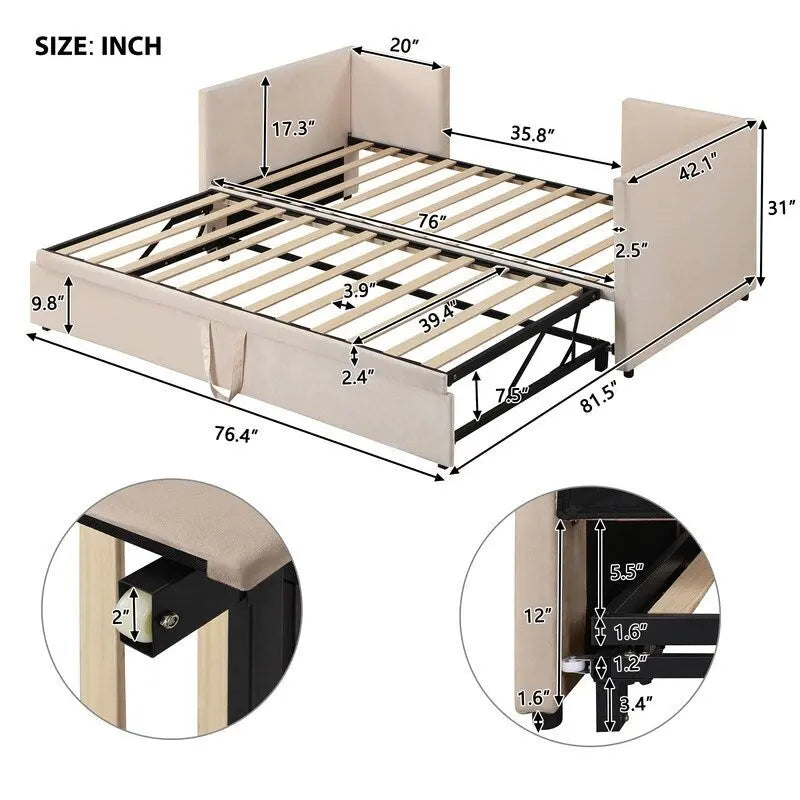 Lit de repos rembourré de taille double avec lit gigogne extensible