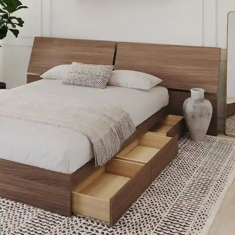 Lit de rangement avec tête de lit Nexera, Noyer