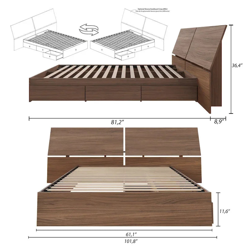 Lit de rangement avec tête de lit Nexera, Noyer