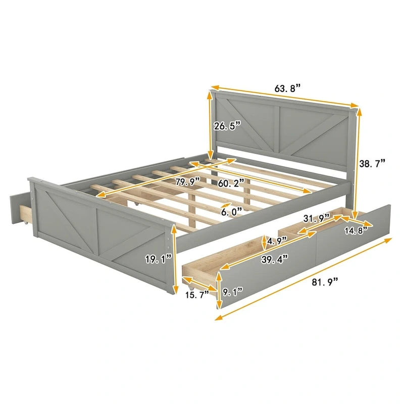 Wooden Platform Bed with Four Storage Drawers and Support Legs