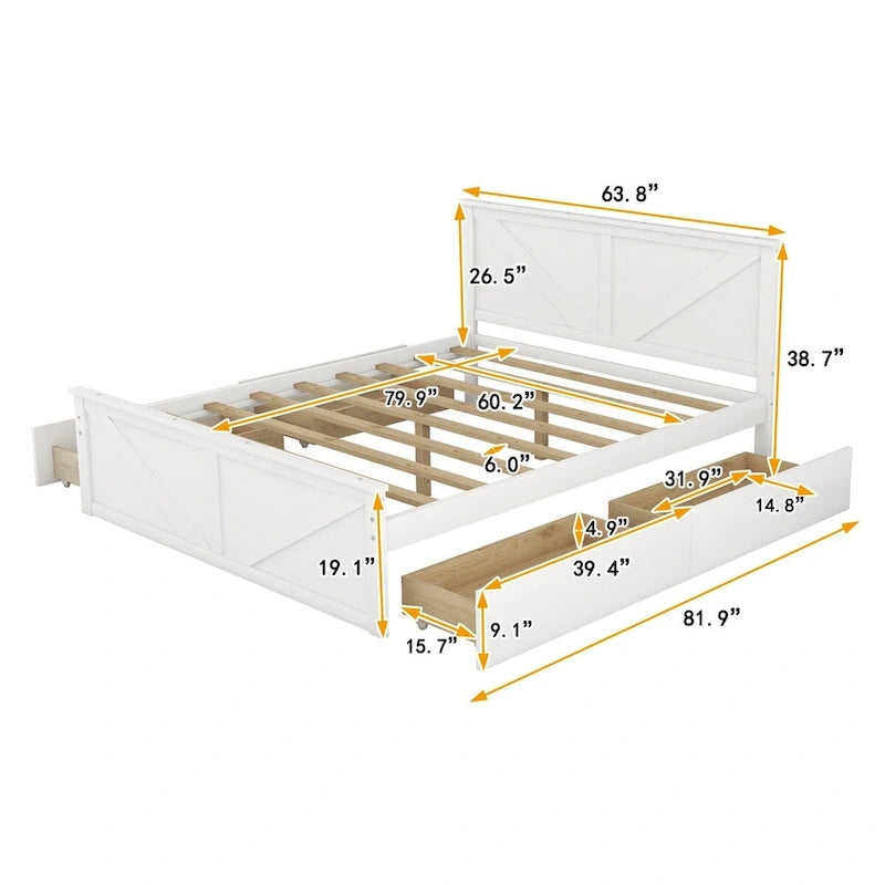Wooden Platform Bed with Four Storage Drawers and Support Legs