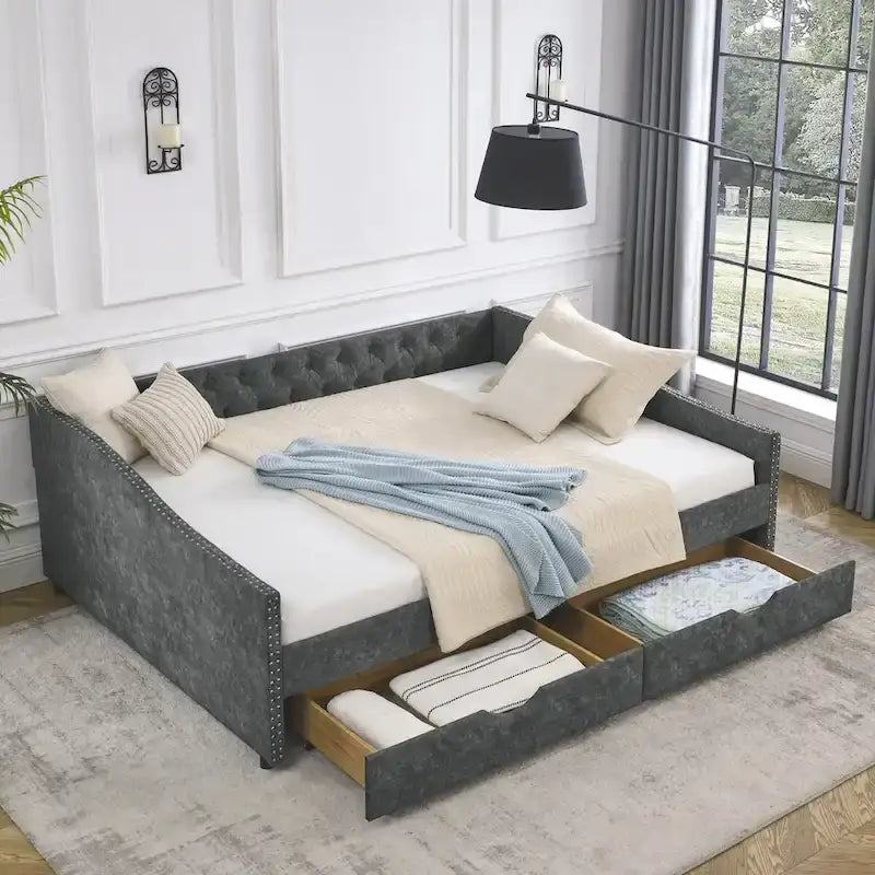 Queen Size Daybed with Drawers Upholstered Tufted Sofa Bed