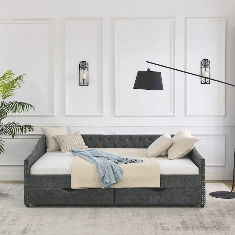 Queen Size Daybed with Drawers Upholstered Tufted Sofa Bed