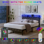 Bed Frame with Storage Headboard Charging Station and LED Lights