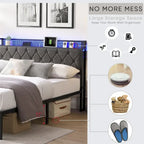 Bed Frame with Storage Headboard Charging Station and LED Lights