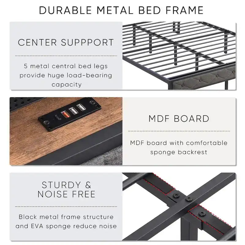 Bed Frame with Storage Headboard Charging Station and LED Lights