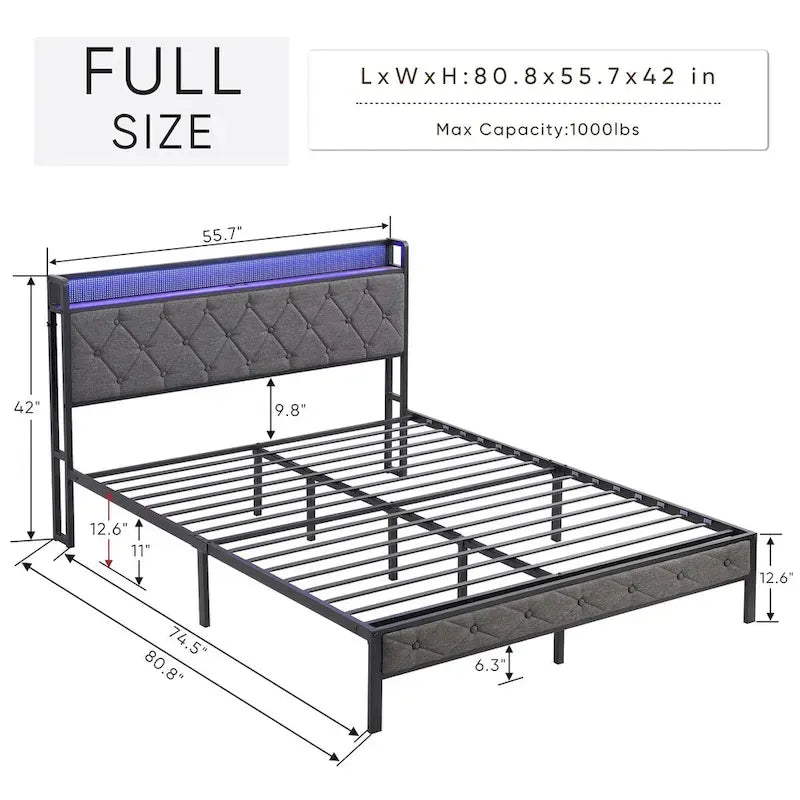 Bed Frame with Storage Headboard Charging Station and LED Lights