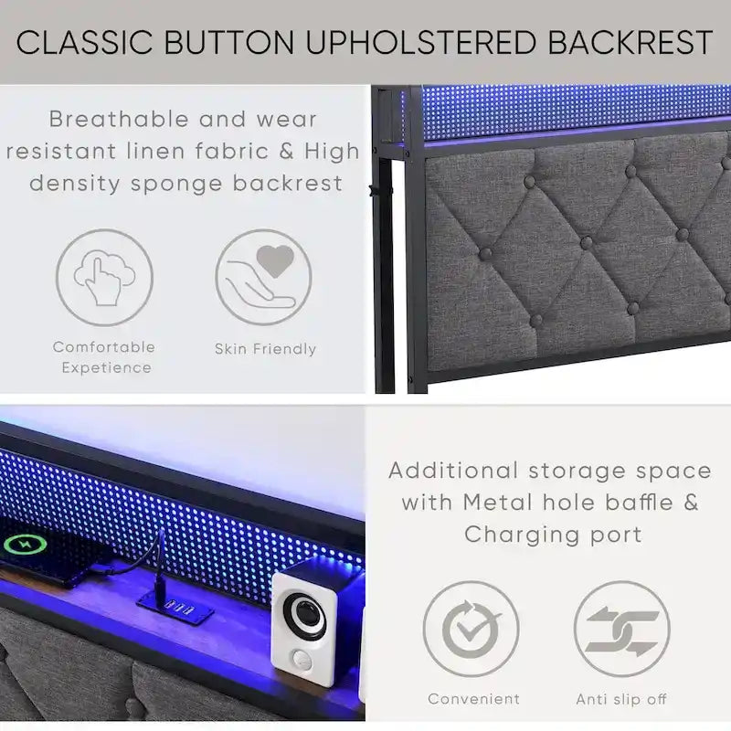 Bed Frame with Storage Headboard Charging Station and LED Lights