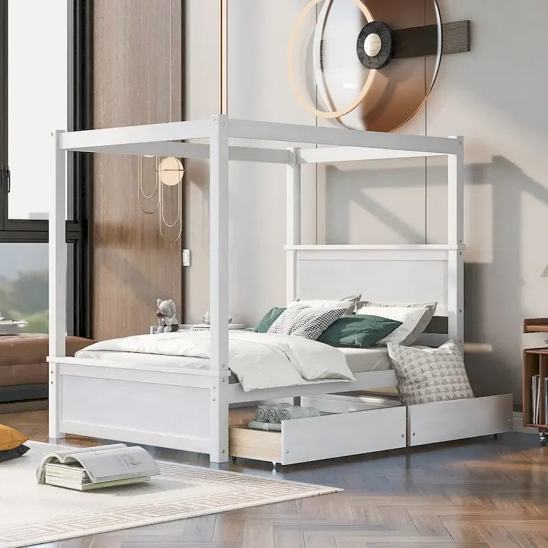 Full Size Wood Canopy Platform bed With Two Drawers