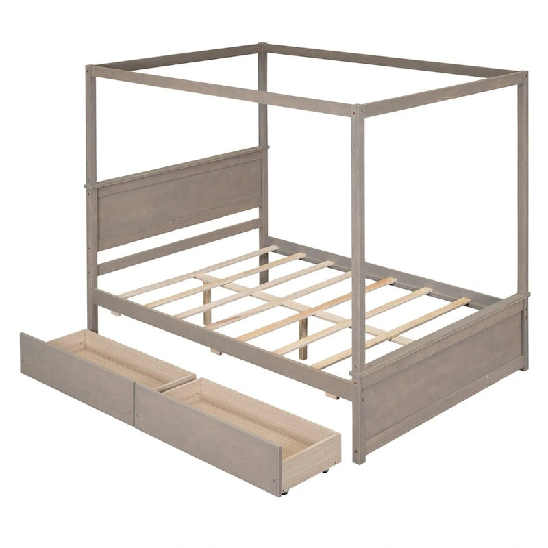Full Size Wood Canopy Platform bed With Two Drawers